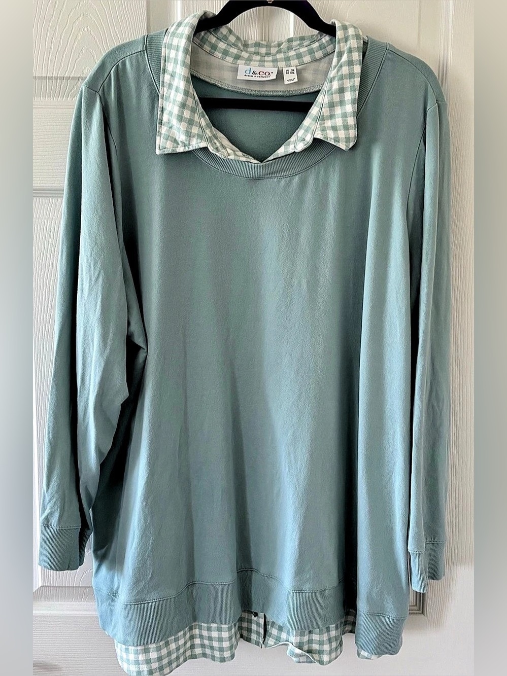Denim & Co. Gingham Collar Top in Green & White Size 3X